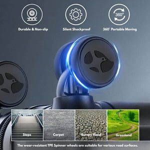 Spinner wheels with durability, shockproof, and portability features on a dark background
