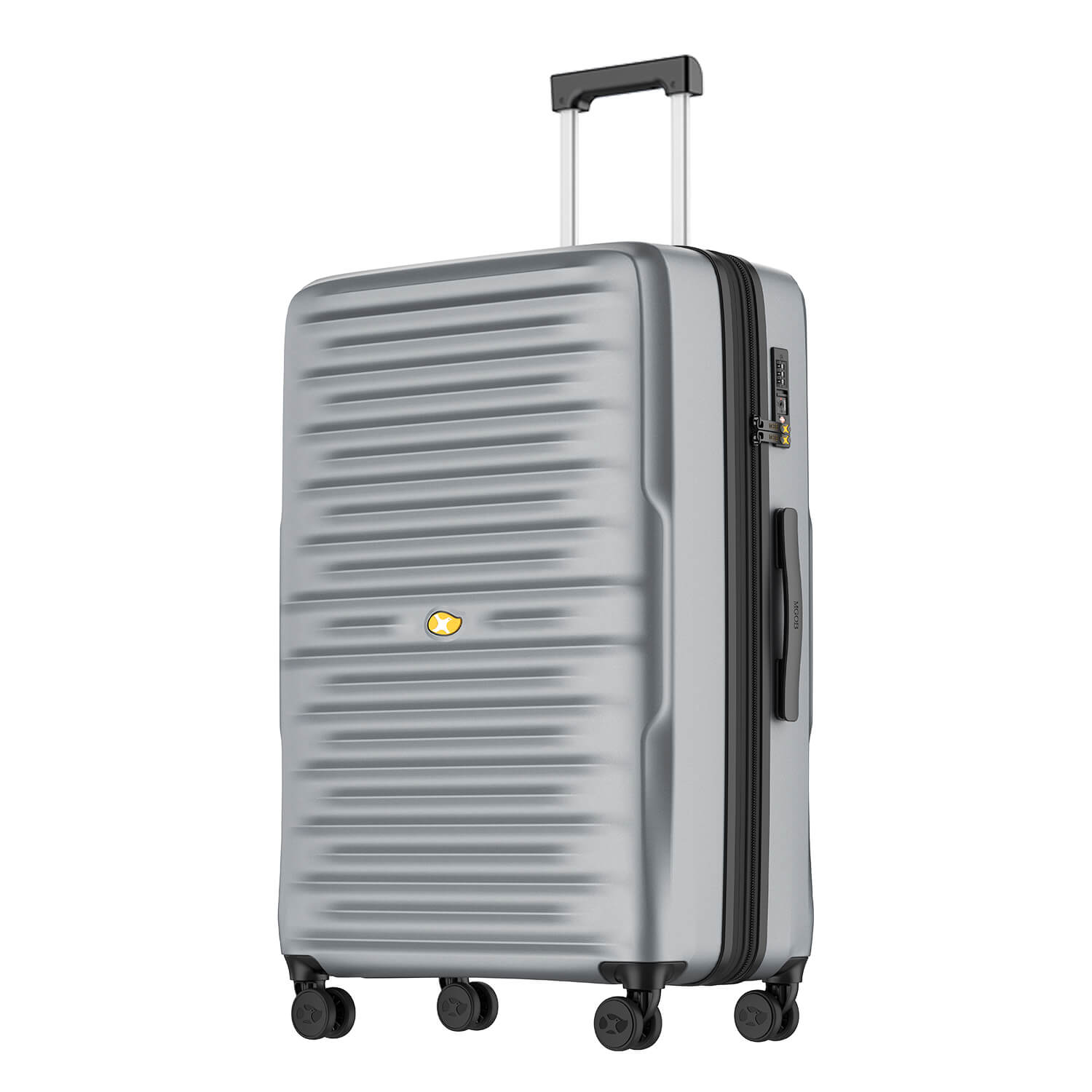 Gray suitcase with a visible brand logo on a white background