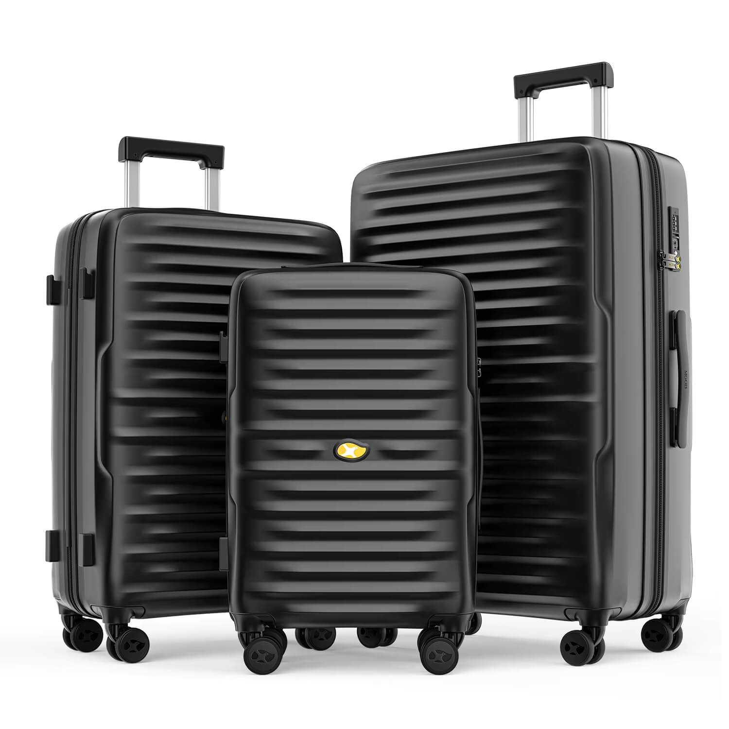 Set of three black suitcases with a visible brand logo on a white background
