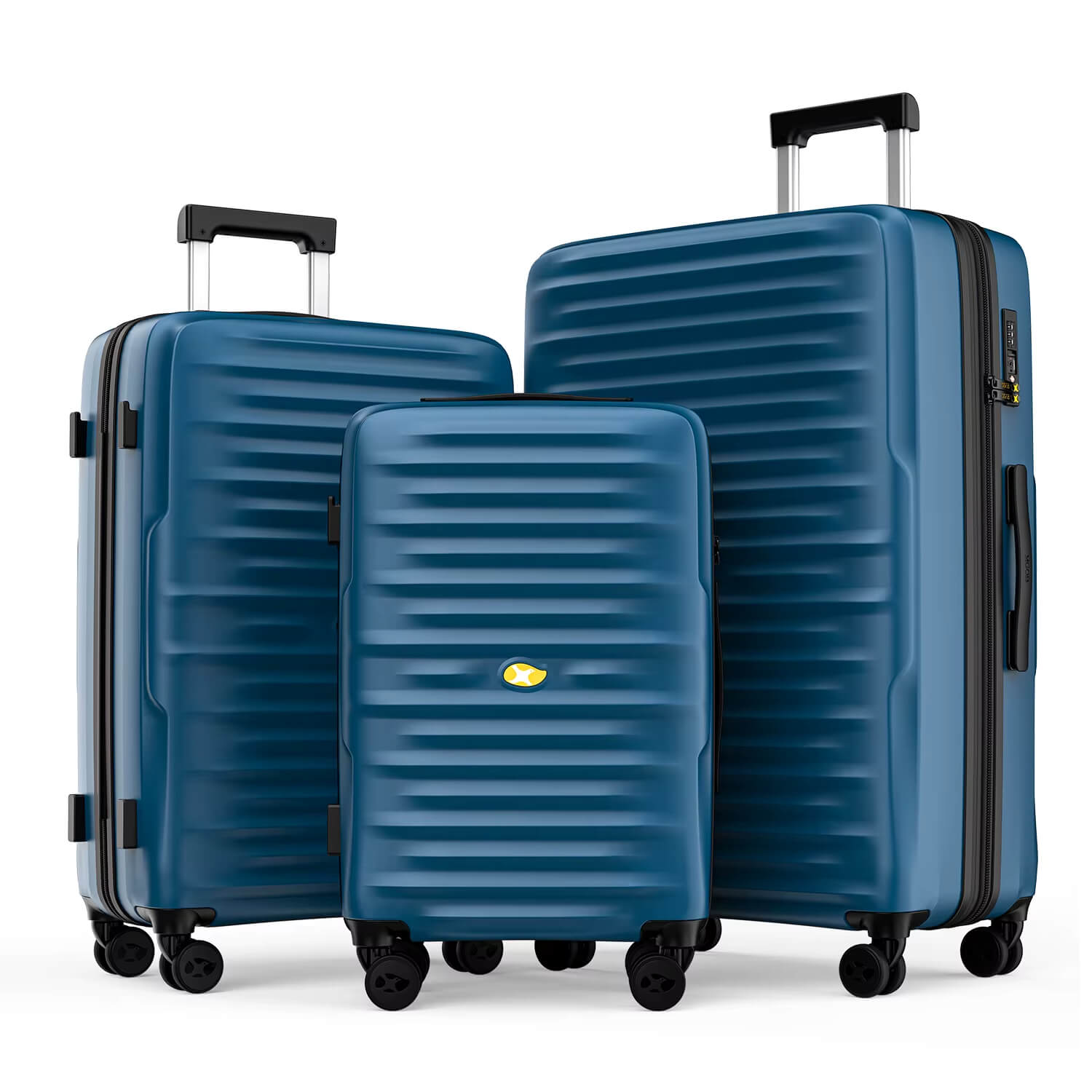 Set of three blue suitcases with a visible brand logo on a white background