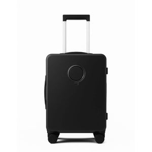 Rear view of Nordiva Classic black suitcase with circular embossed logo