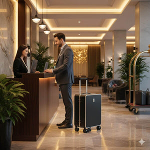 Businessman at hotel reception with Nordiva Classic black suitcase beside him