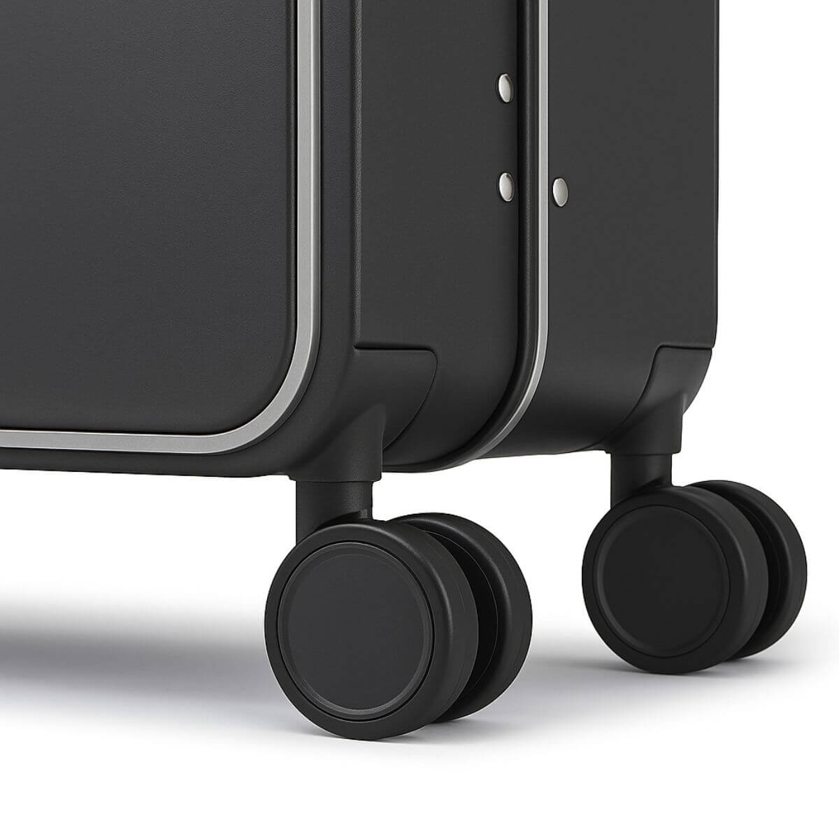 Close-up of a black suitcase with wheels on a white background