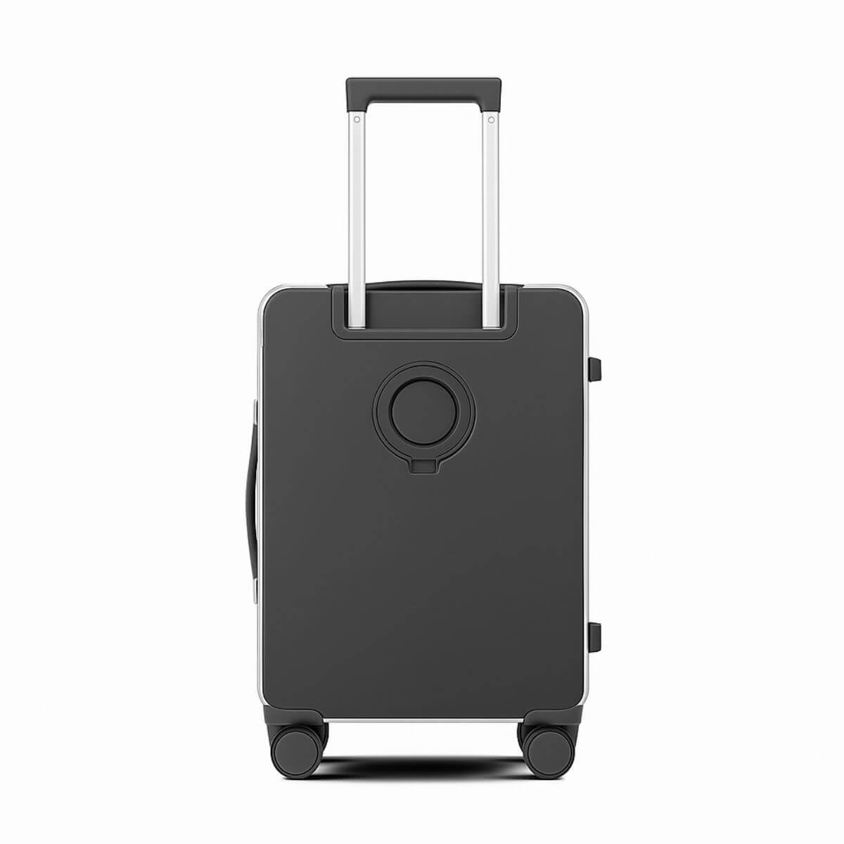 Rear view of Nordiva Classic dark grey suitcase with circular embossed logo