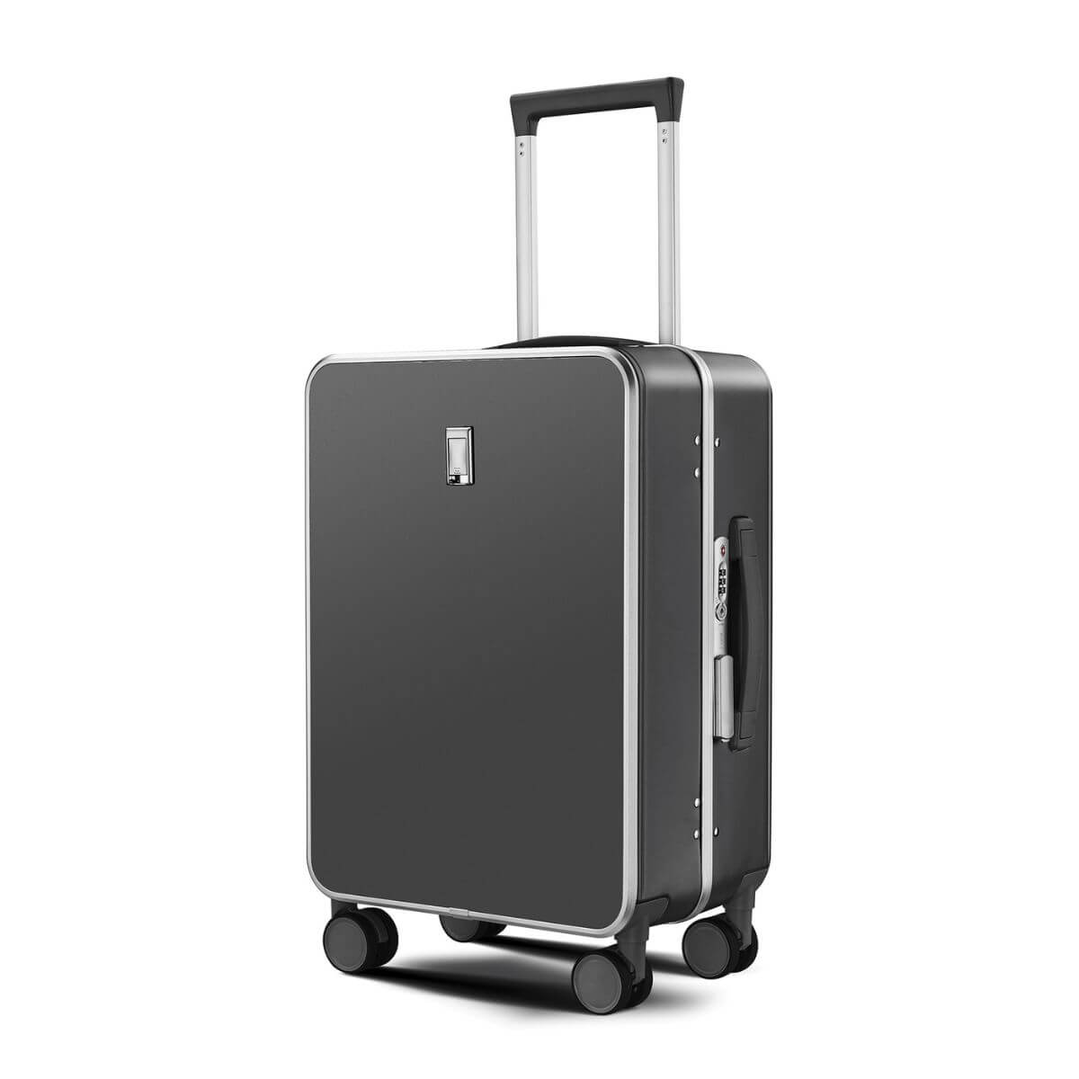 Nordiva Classic dark grey suitcase front angle view showing aluminium frame and spinner wheels