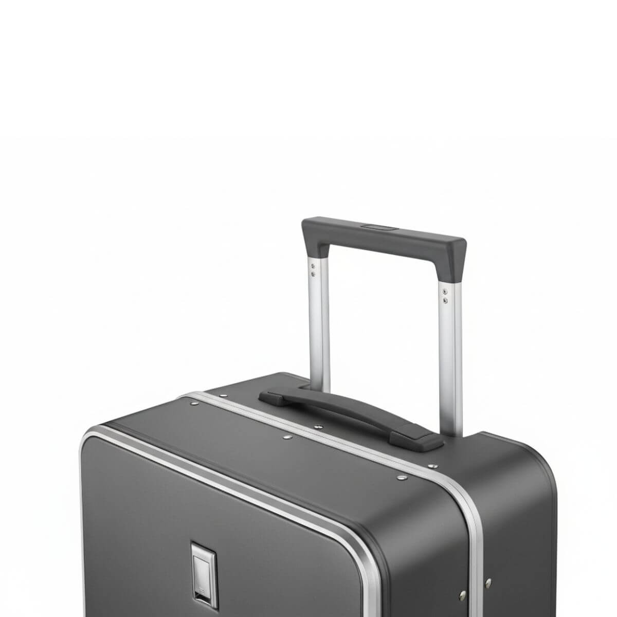Close-up of Nordiva Classic dark grey suitcase handle and telescopic aluminium trolley