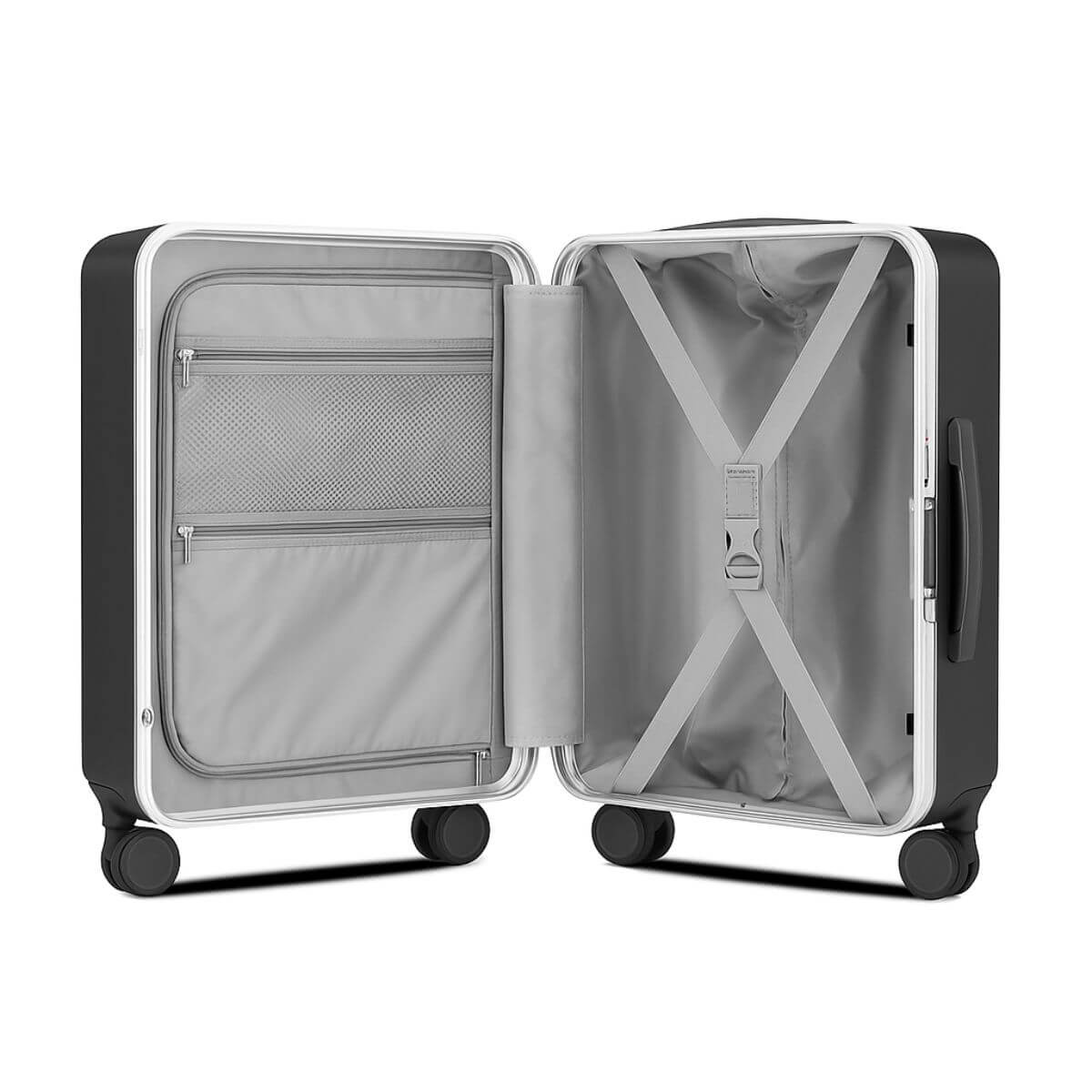 Open interior of Nordiva Classic dark grey suitcase showing divider pocket and cross straps