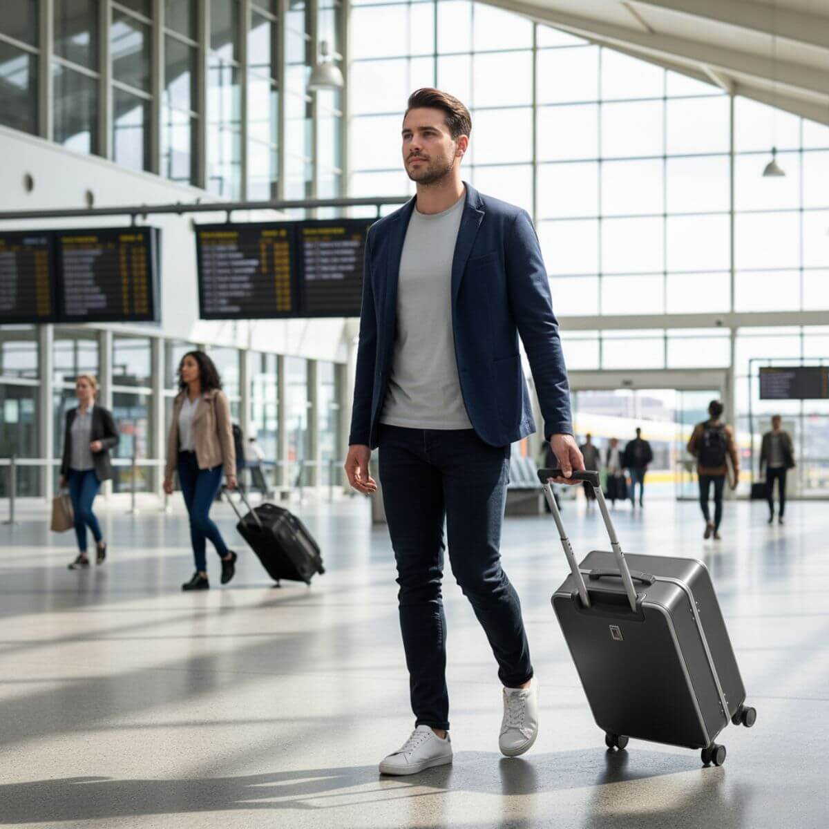 Traveler walking through airport terminal with Nordiva Classic dark grey suitcase