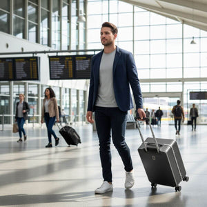 Traveler walking through airport terminal with Nordiva Classic dark grey suitcase