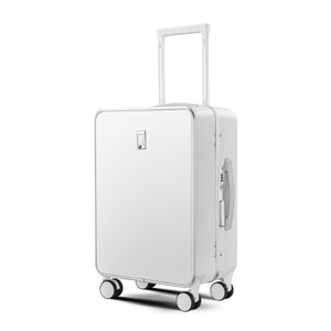 White suitcase with wheels on a white background