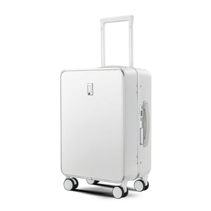 White hard shell suitcase with aluminum frame and 360° spinner wheels in angled front view.