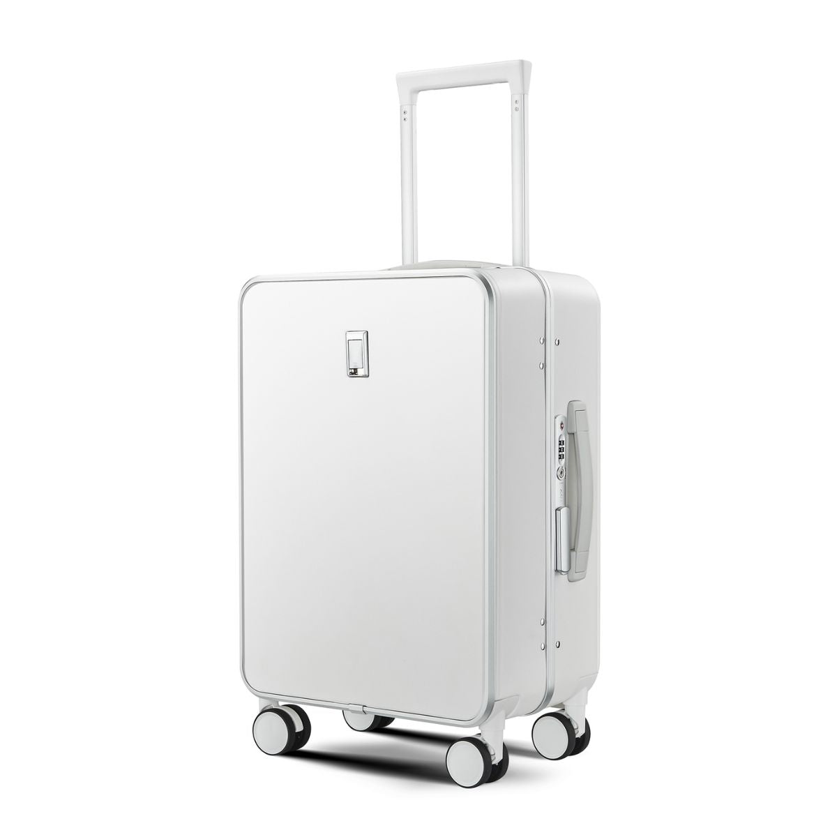 White suitcase with a visible brand logo on a white background