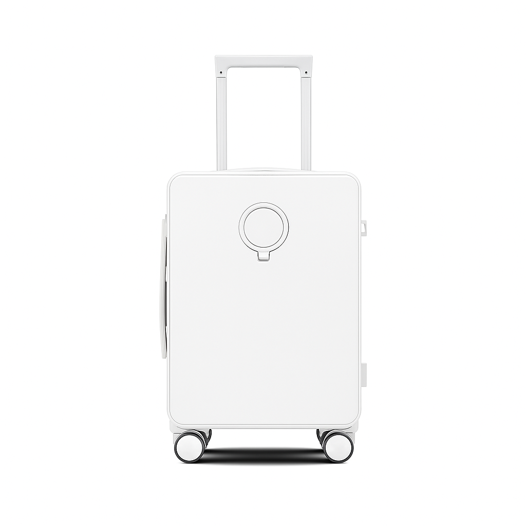 White suitcase with a circular handle on a white background