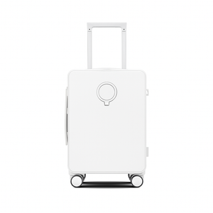 White suitcase with a circular handle on a white background