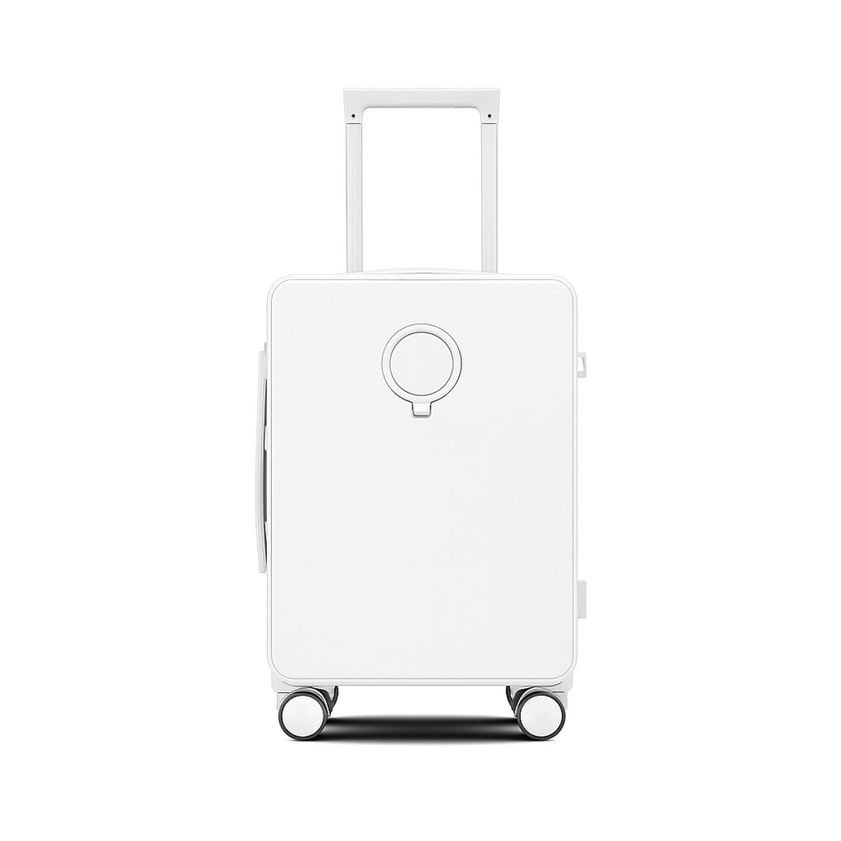 White suitcase back view featuring flat shell design and telescopic handle extended.