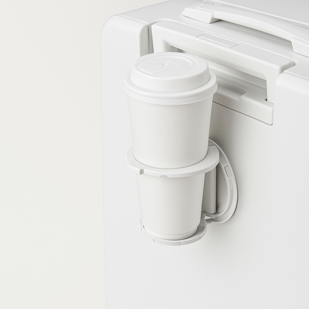 White coffee maker with two white cups on a white background