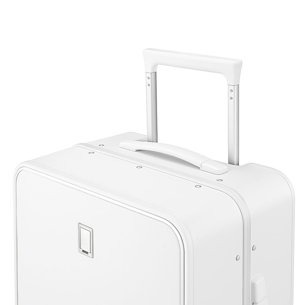 White suitcase with a handle on a white background