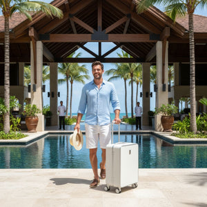 Man walking through a tropical resort with a Nordiva Classic white suitcase, rolling it beside a pool under palm trees.