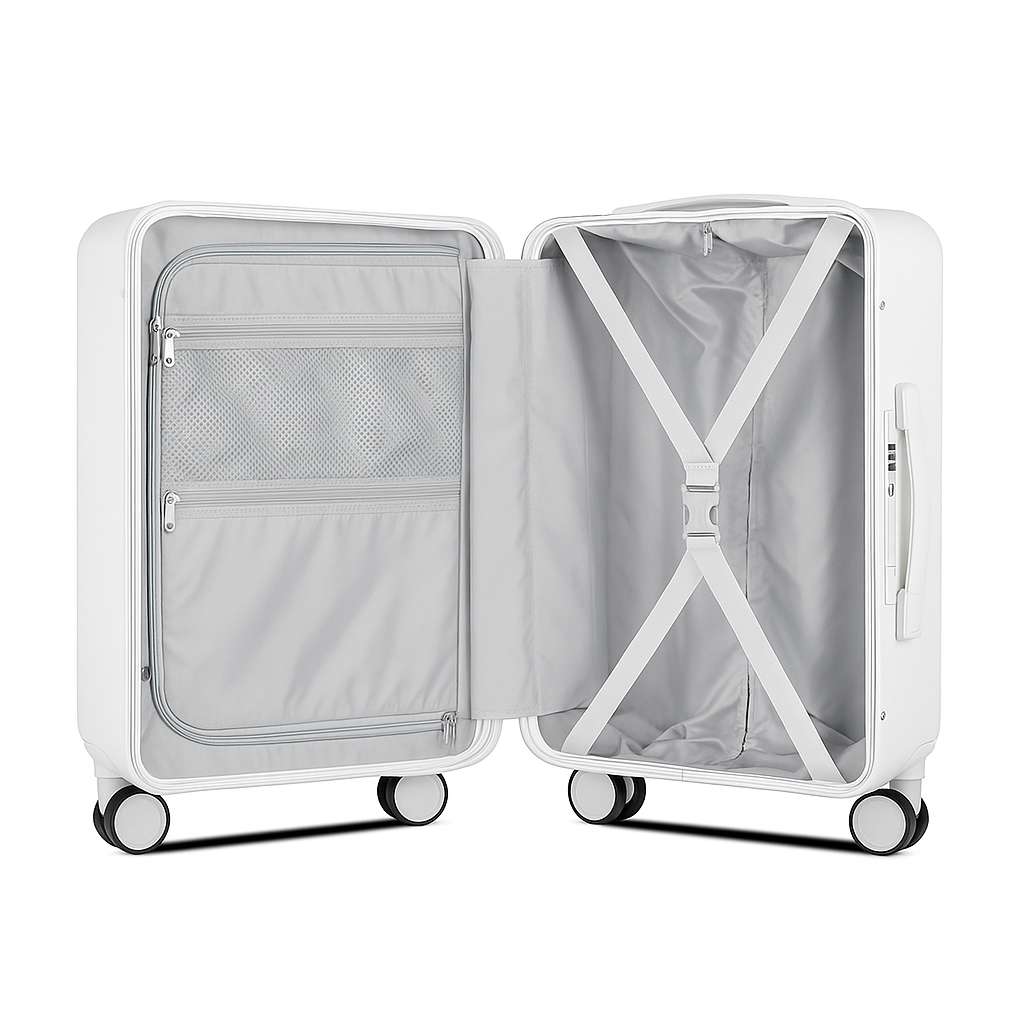 White suitcase with open door on a white background