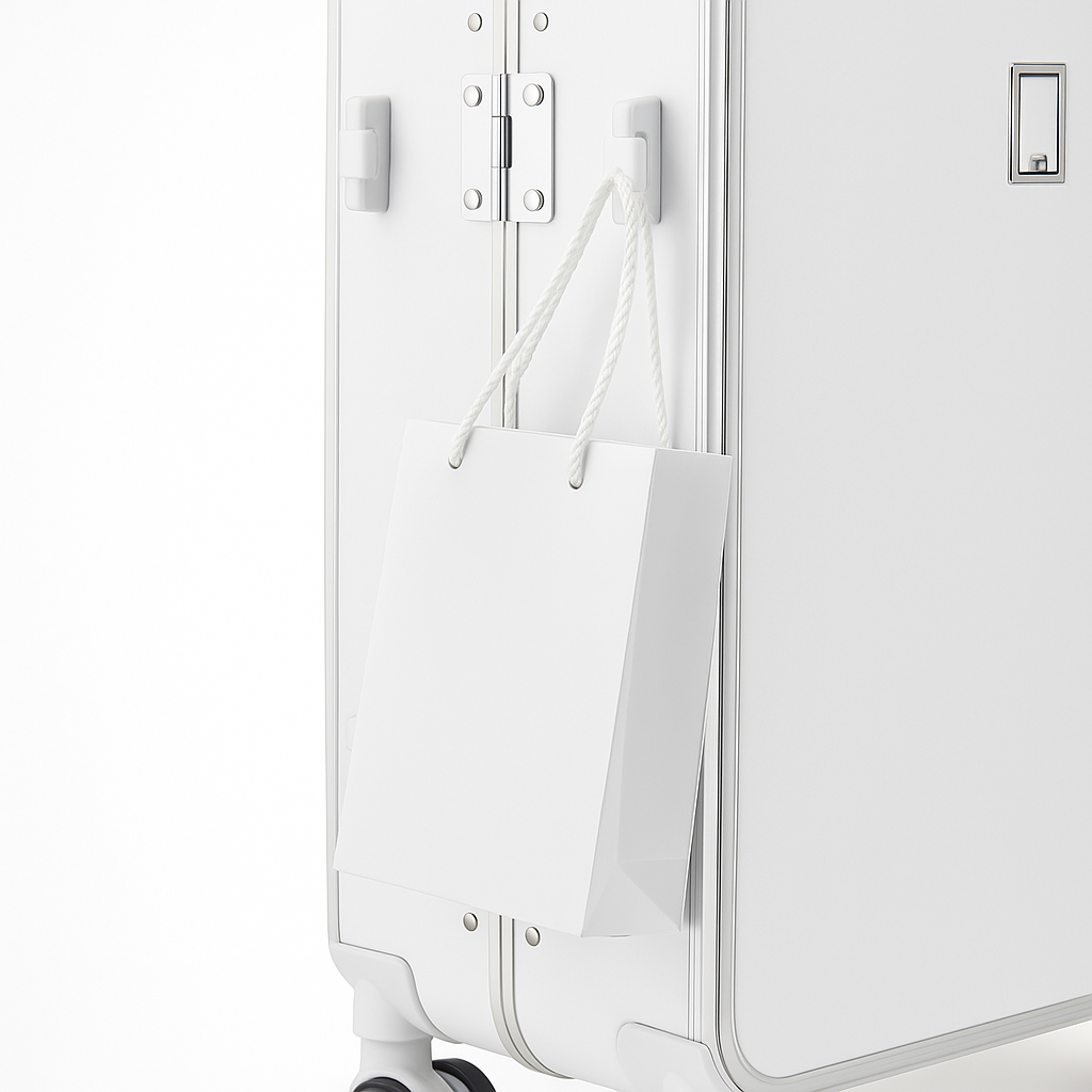 White suitcase with a white paper bag attached to it on a white background