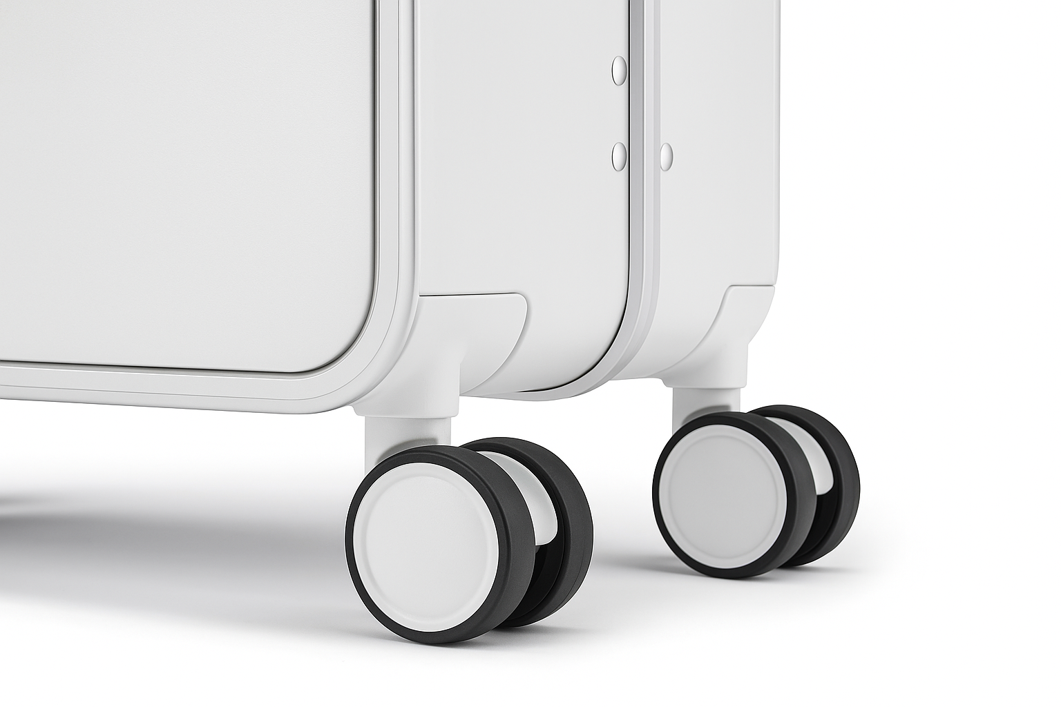 Close-up of a white suitcase with black wheels on a light gray background