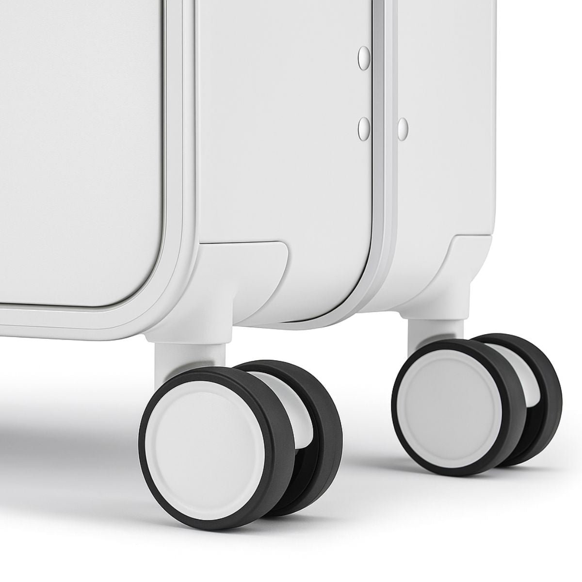White suitcase dual spinner wheels with shock-absorbing TPE design.