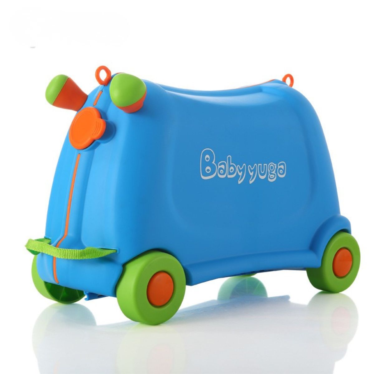 Blue BabyYuga ride-on kids’ suitcase with green wheels, orange accents, and a pull strap, shown on a white background.