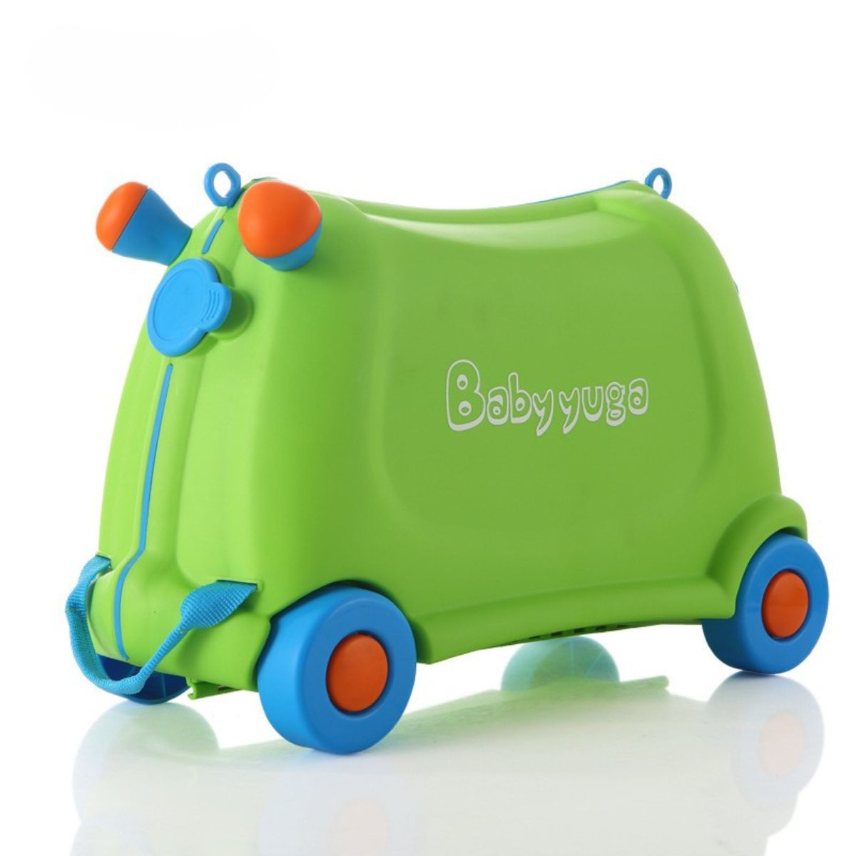 Green BabyYuga ride-on suitcase with blue wheels and orange accents, featuring a pull strap and kid-friendly design.