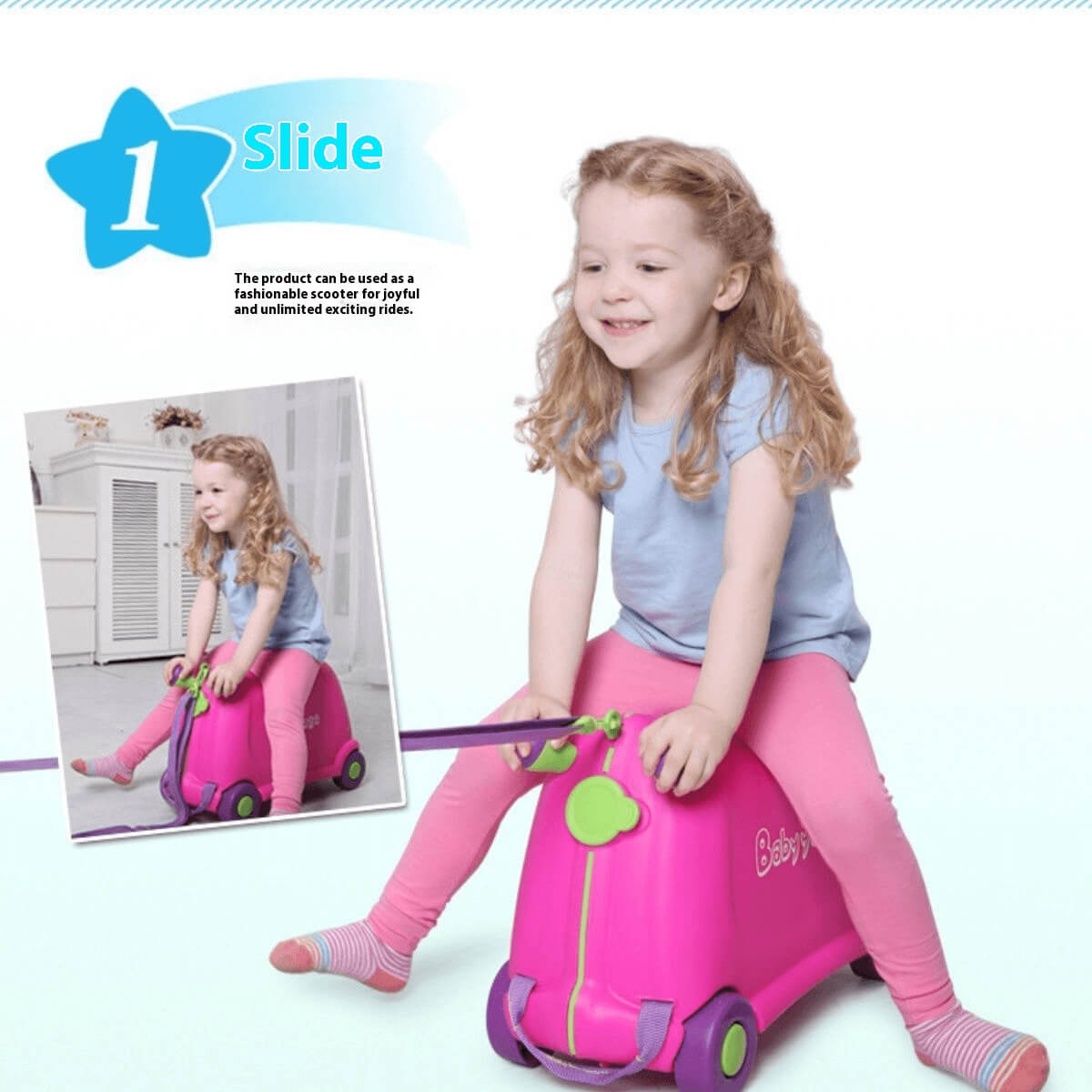 Little girl riding a pink BabyYuga kids’ suitcase like a scooter, smiling while holding the pull strap.