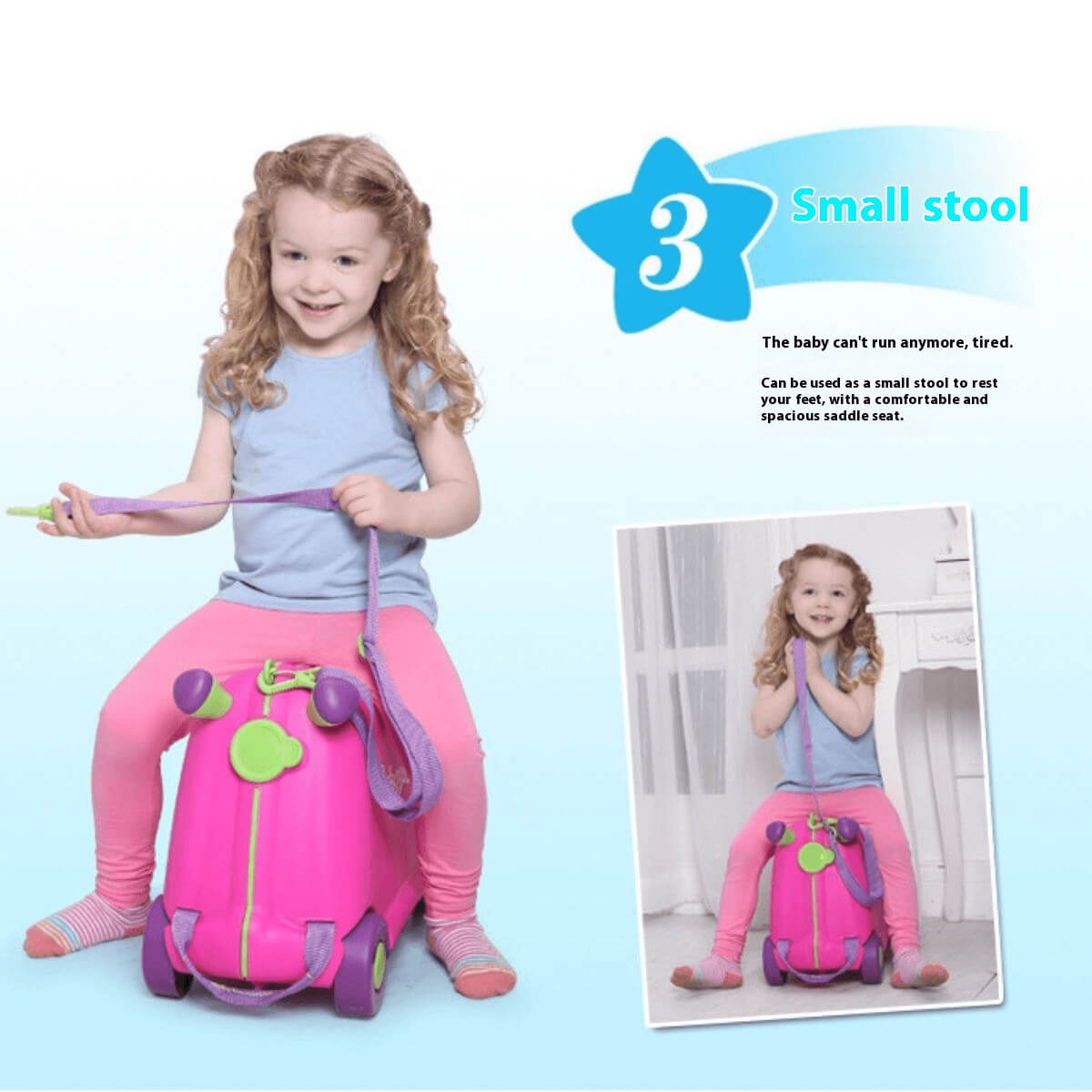 Little girl sitting on a pink BabyYuga ride-on suitcase, using it as a small stool while holding the pull strap.