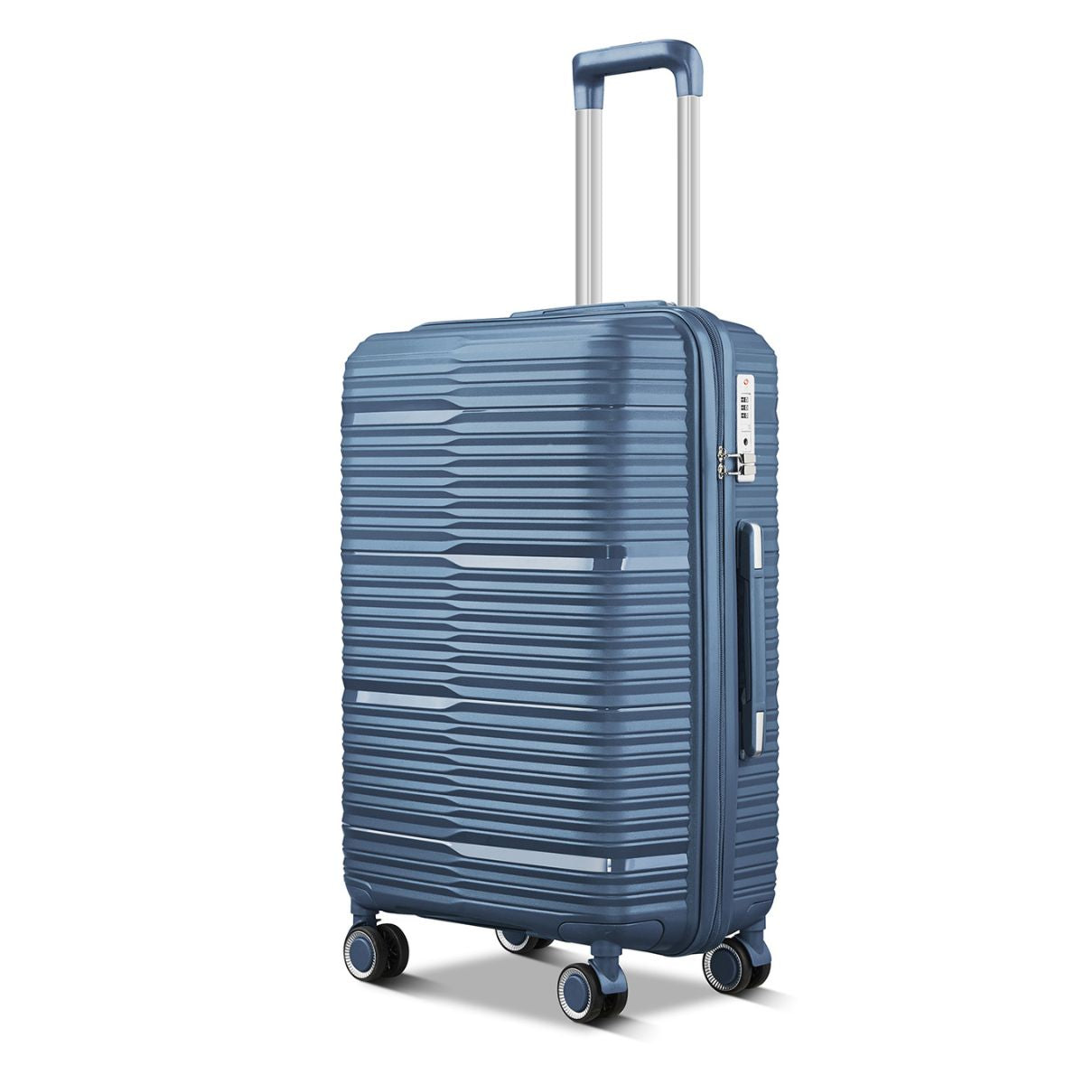 Blue suitcase with a textured surface on a white background