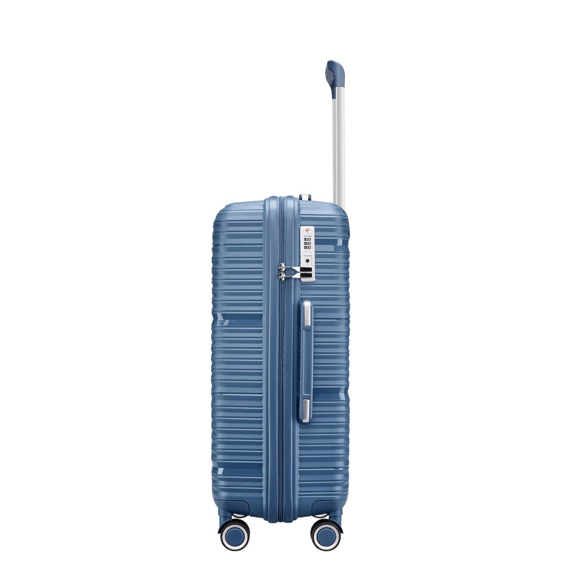 Blue suitcase with a striped pattern on a white background