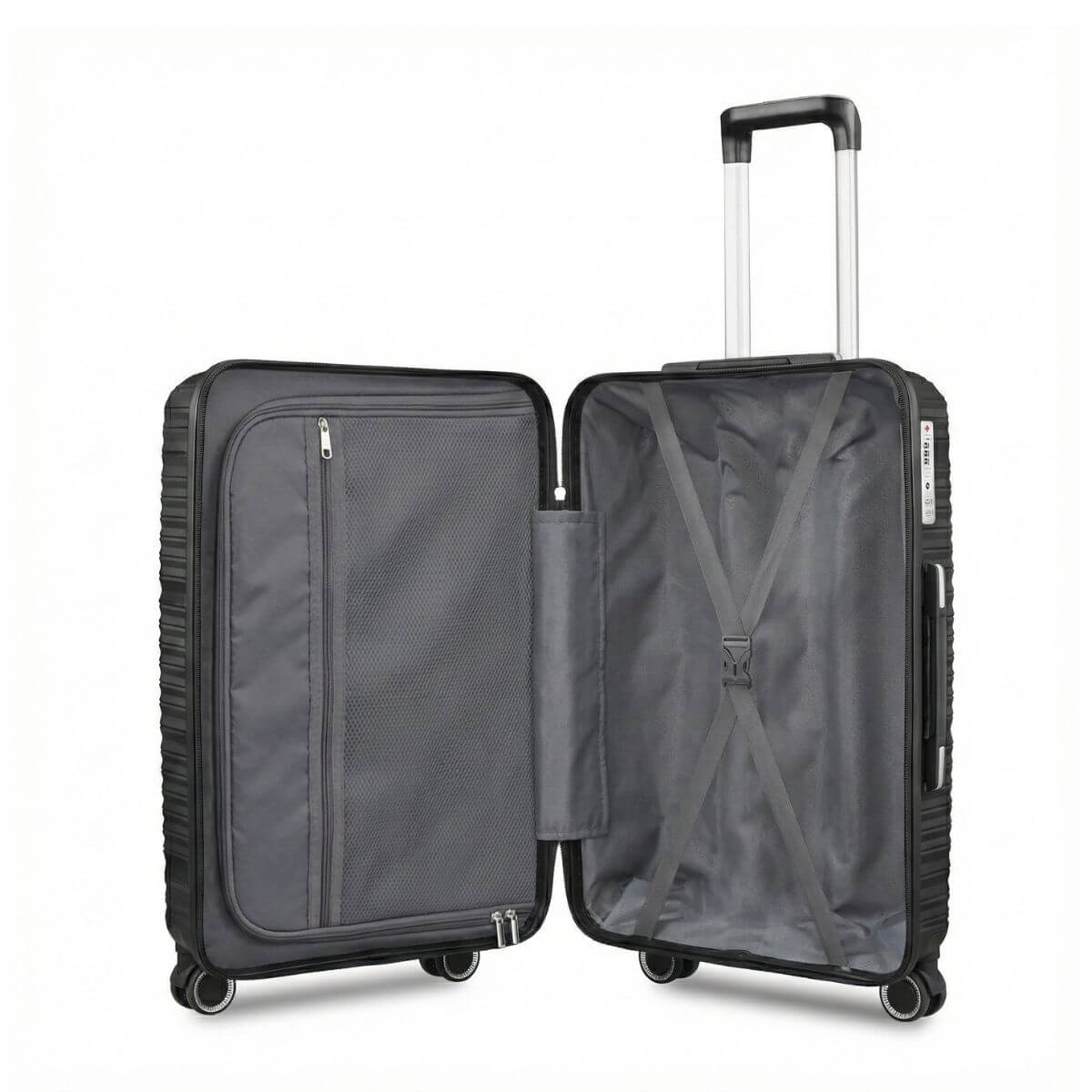 StratoLine suitcase open interior showing mesh divider, zip pocket, and cross-strap compartment.