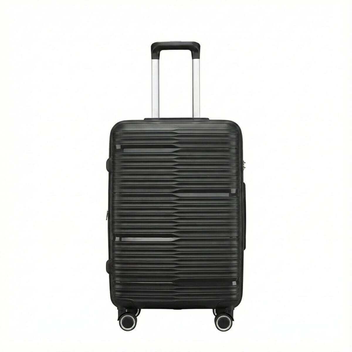 StratoLine black hard-shell suitcase front view showing textured shell design and four spinner wheels.