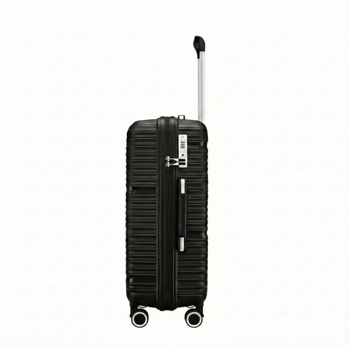 StratoLine black suitcase side view featuring built-in TSA combination lock and dual-zip closure.