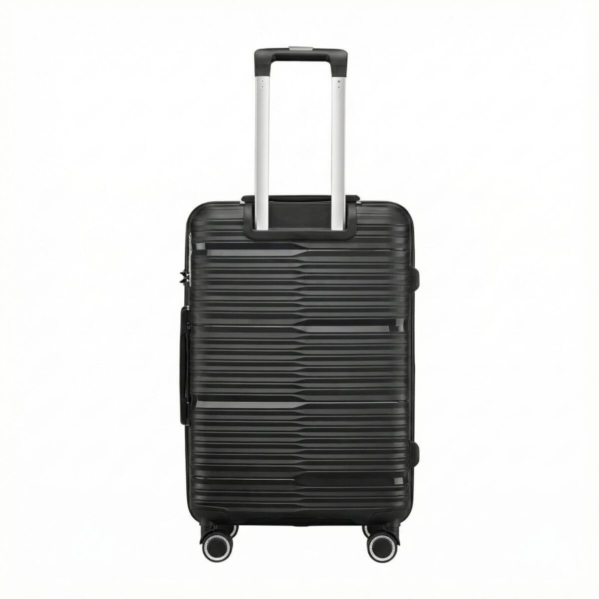 StratoLine black suitcase back view with extended aluminium trolley handle and spinner wheels.