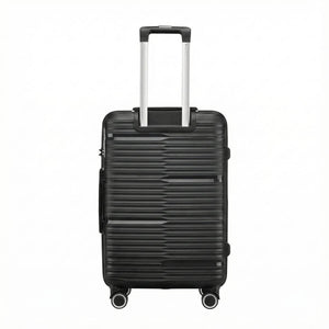 StratoLine black suitcase back view with extended aluminium trolley handle and spinner wheels.