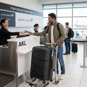 StratoLine black suitcase at Auckland Airport check-in area during international travel.
