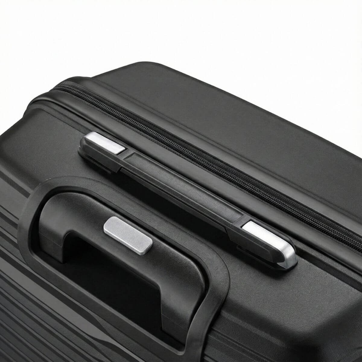 StratoLine suitcase top carry handle close-up on black hard-shell body.
