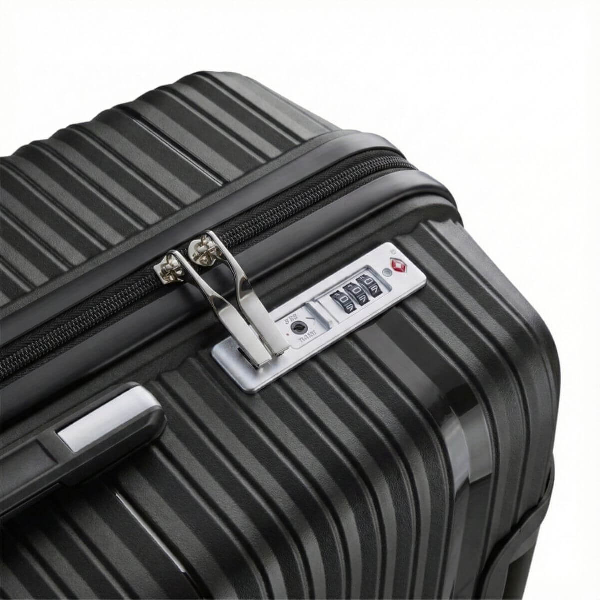 StratoLine suitcase TSA combination lock close-up with dual zipper pullers.