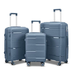Set of three blue suitcases with striped pattern on a white background