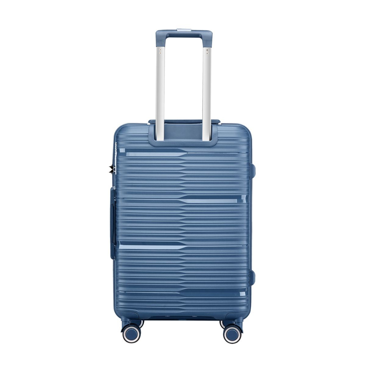 Blue suitcase with a textured surface on a white background