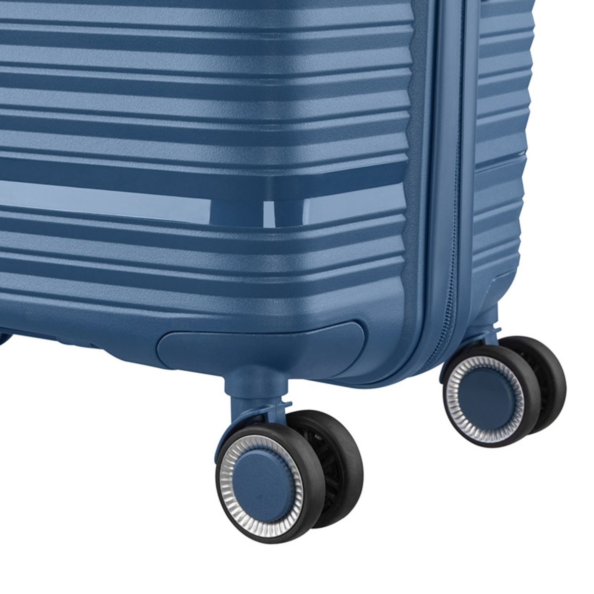 Blue suitcase with wheels on a white background