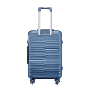 Blue suitcase with a textured surface on a white background