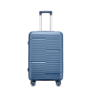 Blue suitcase with a textured surface on a white background