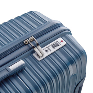 Blue suitcase with a TSA-approved lock on a white background