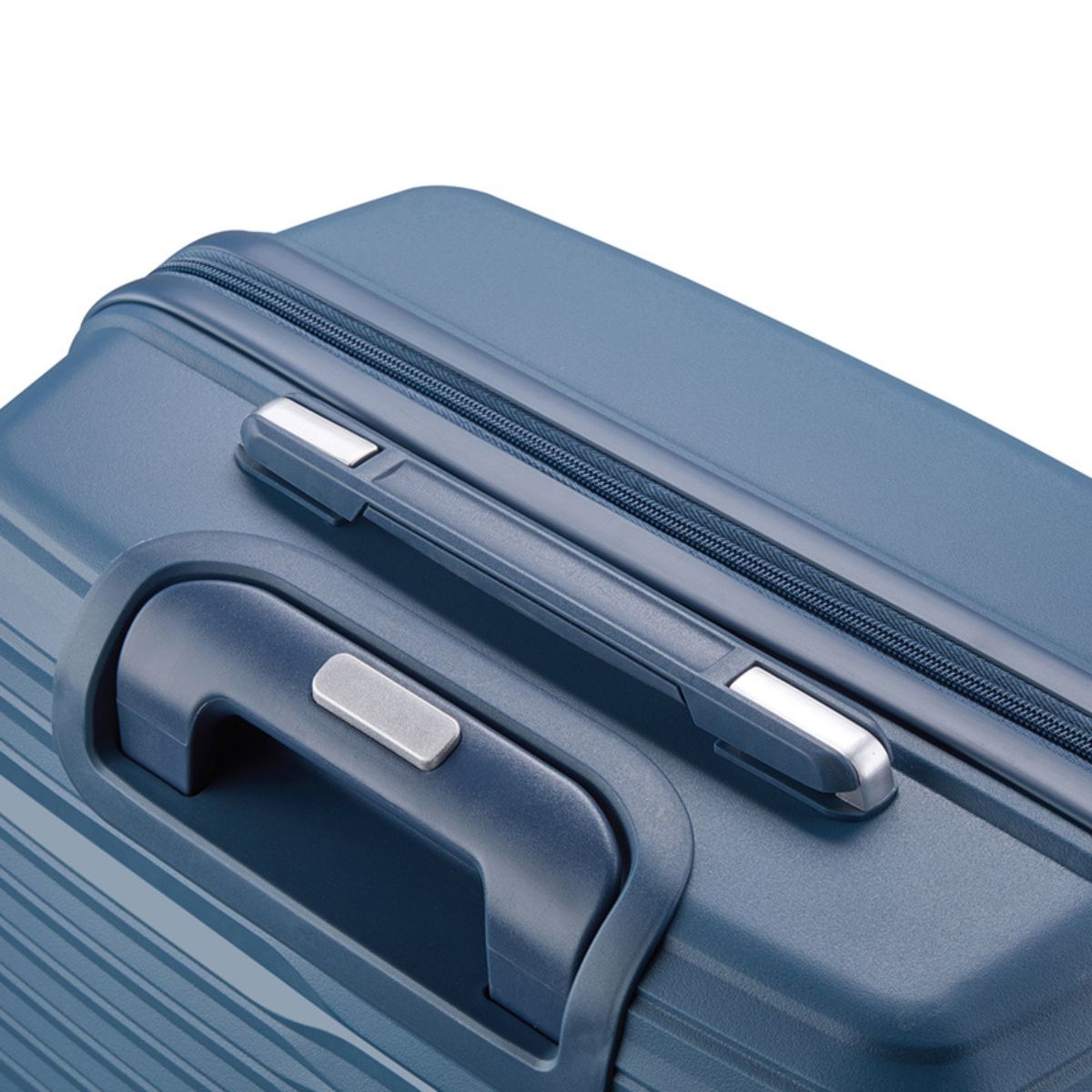 Blue suitcase with handle and zipper details on a white background