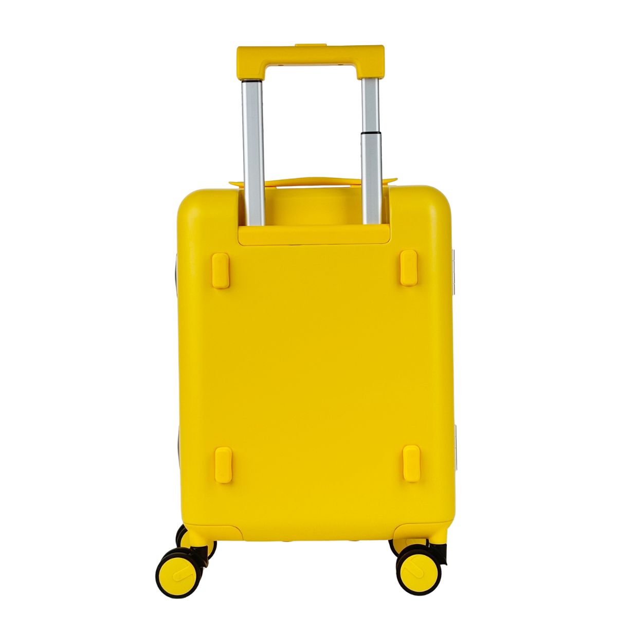 Back view of a yellow hard-shell suitcase with an extended telescopic handle and four spinner wheels.