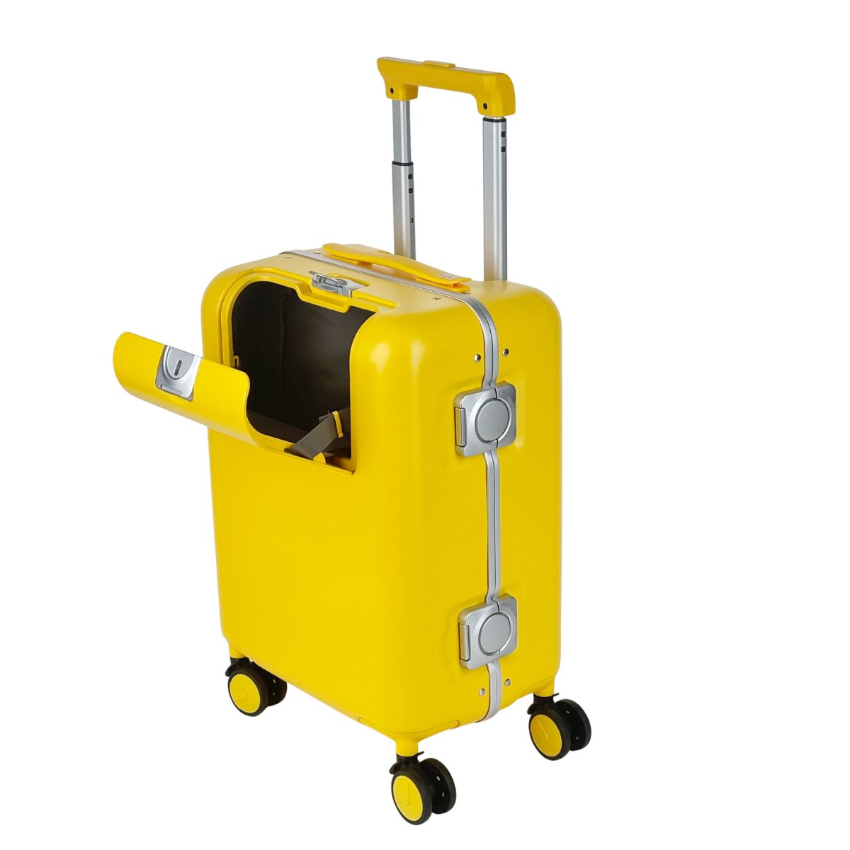 Yellow hard-shell suitcase with telescopic handle, four wheels, and a small front-opening compartment shown ajar.
