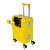 Yellow hard-shell suitcase with telescopic handle, four wheels, and a small front-opening compartment shown ajar.